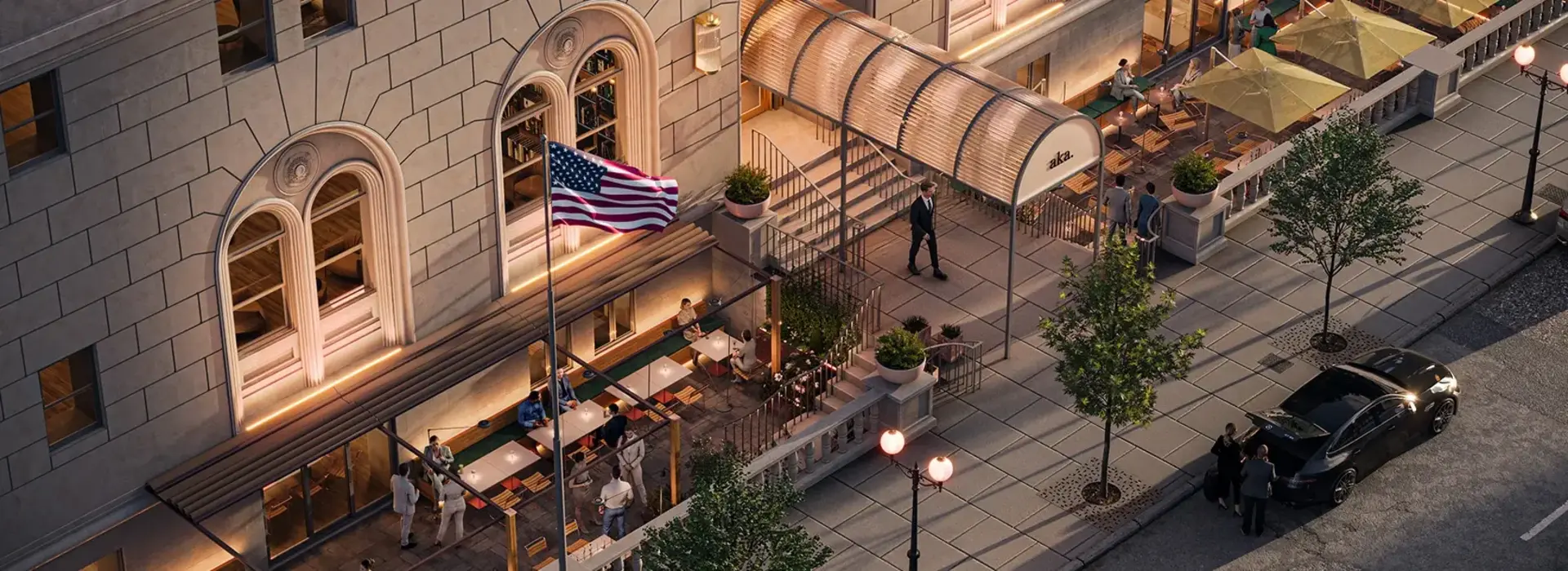 Drone view of the entrance into the Hotel AKA Back Bay