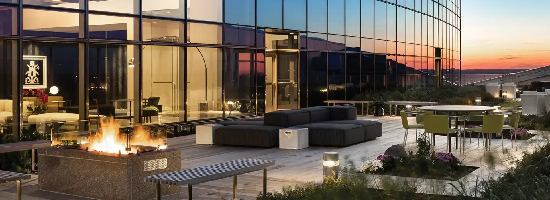 AKA University City Rooftop Garden at sunset